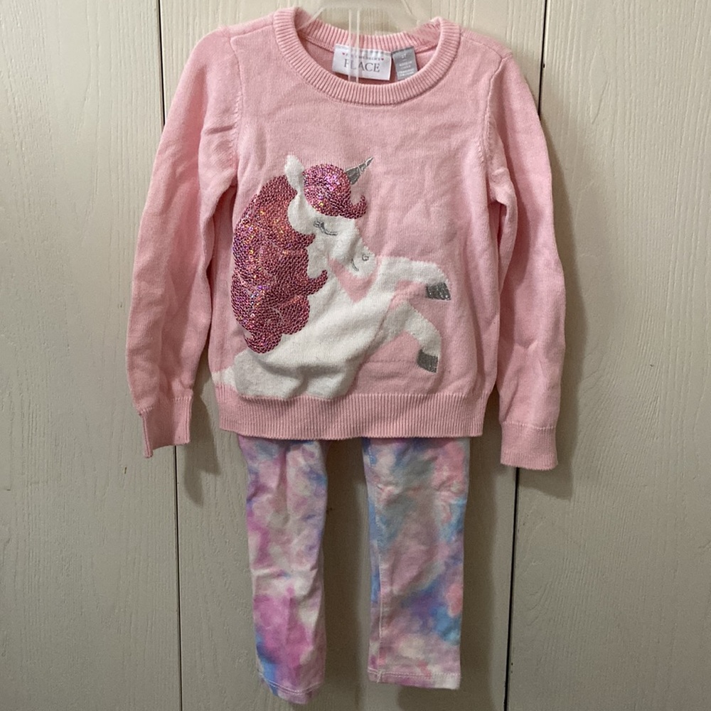 The Children’s Place Pink Unicorn Sweater and Marbled Pink & Blue Pants